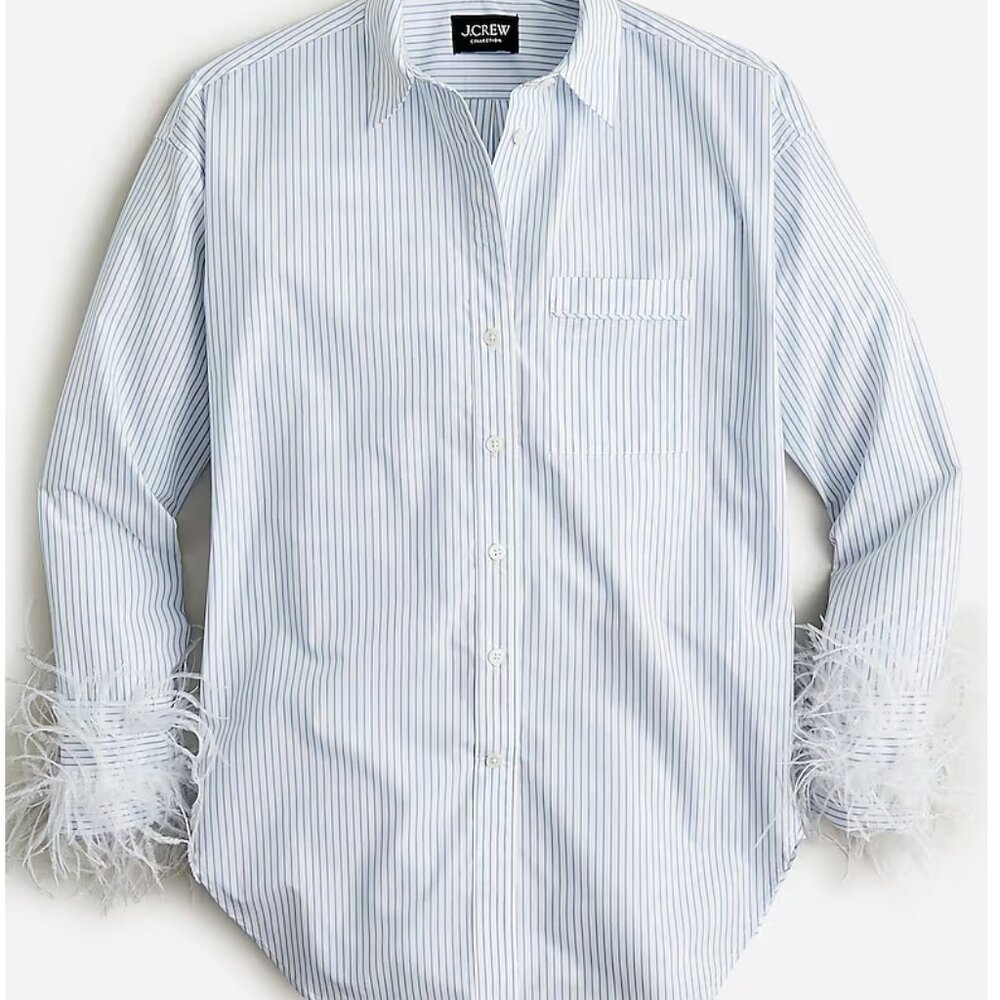 J.Crew Collection Blue and White Striped Cotton Poplin Shirt With Feather Trim